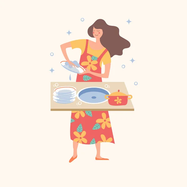 Homework Cheerful Girl Colorful Dress Washes Dishes Vector Illustration Light — Stock Vector