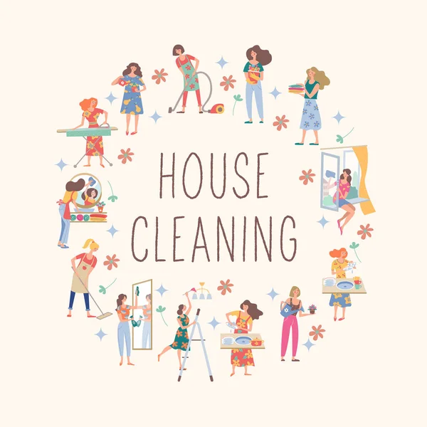 Temizliği Şirin Kızlar Ödevlerini Yaparlar Kızlar Pencereleri Yıkarlar Süpürürler Çamaşırları — Stok Vektör