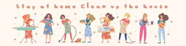 Zůstaň Doma Ukliď Dům Roztomilé Holky Dělají Úkoly Dívky Myjí — Stockový vektor