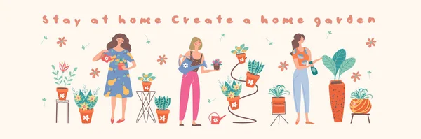 Quédate Casa Crear Jardín Casa Colección Floristas Niñas Que Cultivan — Archivo Imágenes Vectoriales