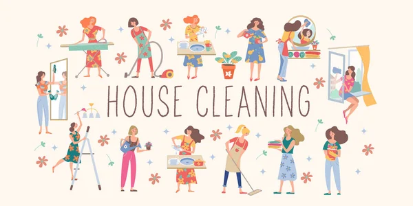 Şirin Kızlar Temizliği Yapıyor Hanımları Bulaşıkları Yıkar Süpürge Yapar Çamaşır — Stok Vektör