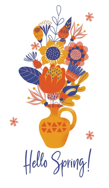 Hola Primavera Florero Amarillo Con Ramo Grandes Flores Multicolores Ilustración — Vector de stock