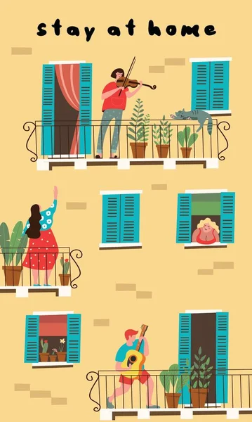 Evde kal. Komşular evlerinin balkonunda duran müzik aletleri çalıyorlar. Vektör çizimi. Karantina dönemindeki ev sınıfı kavramı.