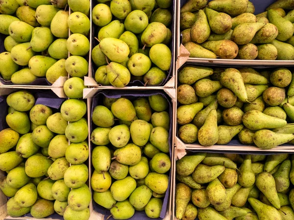 Many green pears in boxes in the shop window Stock Image