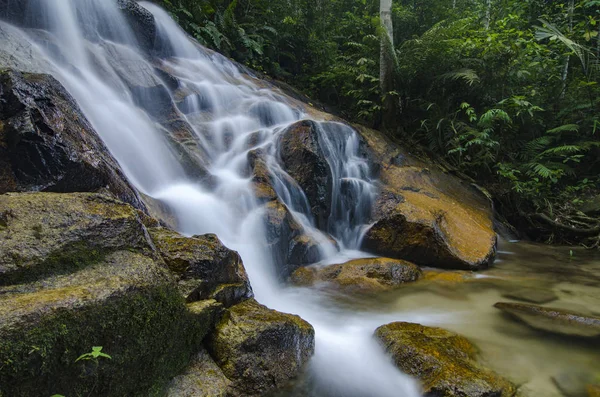 Hermosa en la naturaleza, increíble cascada tropical en cascada. roca mojada y musgosa — Foto de Stock