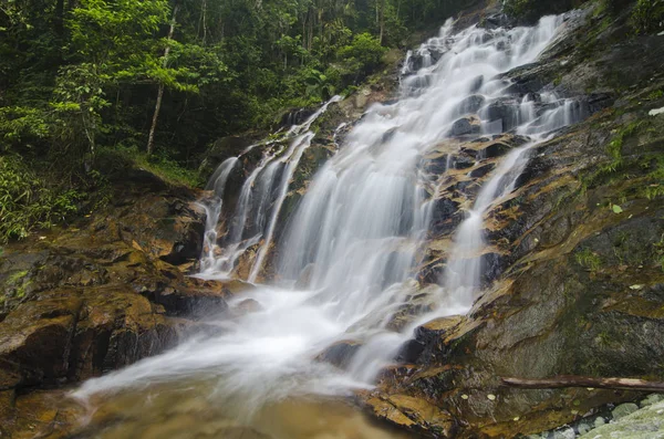 Increíble cascada tropical corriente de cascada. roca húmeda y musgosa, rodeada de selva verde — Foto de Stock