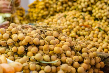 Taze longan meyve pazarında Malezya oyalarım. seçici odak 