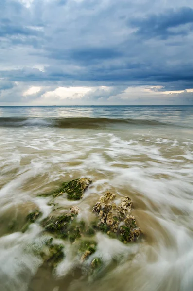 Yumuşak dalga sahilde yeşil yosun kaplı taş isabet ile çarpıcı günbatımı an — Stok fotoğraf