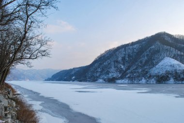 Güzel doğa, kış aylarında kar ve dondurucu Gölü tarafından kaplı park