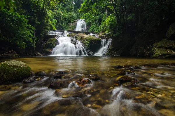 Fondo de la naturaleza tropical, arroyo cascada y rodeado de bosque verde — Foto de Stock