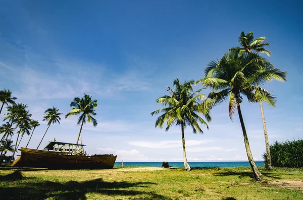 Piękna przyroda, osieroconych łodzi na plaży w słoneczny dzień otoczony Kokosowe drzewo i niebieski niebo — Zdjęcie stockowe
