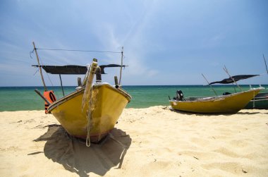  parlak güneşli bir günde altında güzel deniz görünümü ve sandy beach üzerinde geleneksel balıkçı tekne palamarla