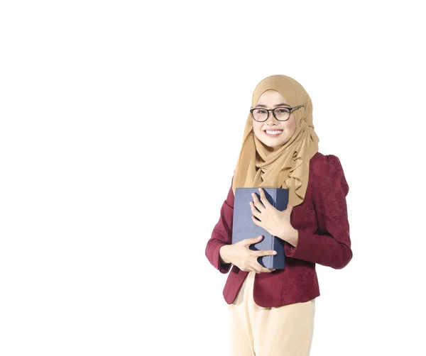 Young university student standing and read her book isolated on white background. — Stock Photo, Image