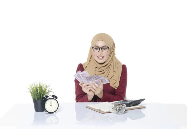비즈니스 성공 개념, 행복 한 얼굴 여성 지폐 또는 돈 계산 — 스톡 사진