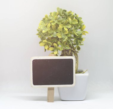 Boş tahta chalkboard ve beyaz arka plan üzerinde yapay ağaç. left.ideal reklam ve tabela şablonu için ışık etkisi