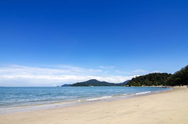 parlak güneşli bir günde ve mavi gökyüzü altında tropikal plaj