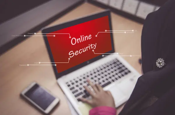 Affärskvinnor som sitter framför laptop skärm med word Online-säkerhet — Stockfoto