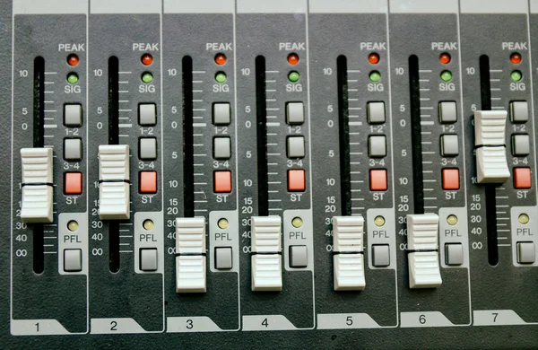 Selective focus professional audio mixing console panel.