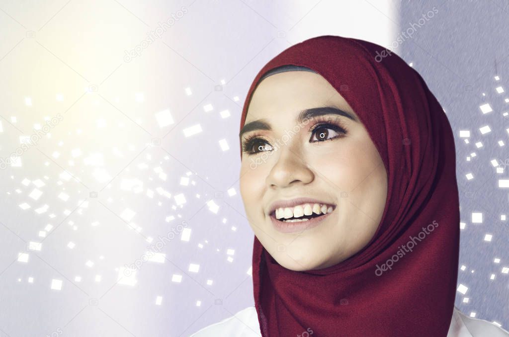 successful and confident young muslimah over abstract double exposure background