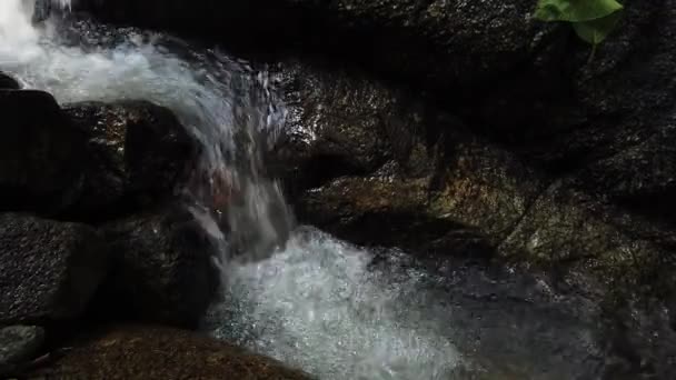 Närbild på film, flod forsar som rinner genom Mossy Rock — Stockvideo