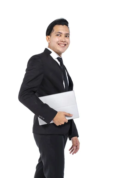 Confident Young Handsome Businessman Black Suit Holding Laptop Smiling While — Stock Photo, Image
