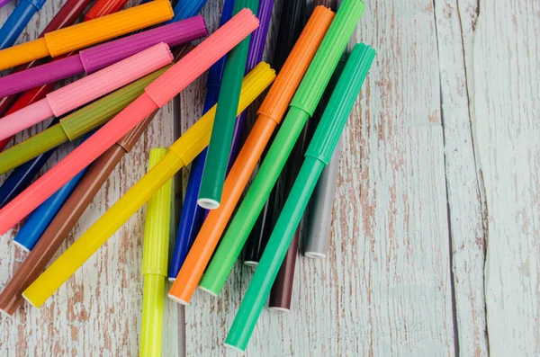 Back School Offices Stationary Concept Stack Colored Pens Markers Wooden — Stock Photo, Image