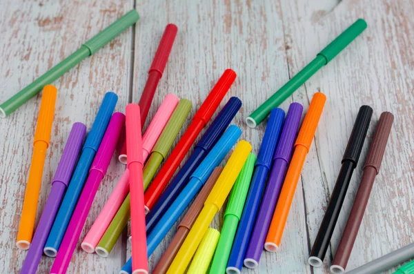 Back School Offices Stationary Concept Stack Colored Pens Markers Wooden — Stock Photo, Image