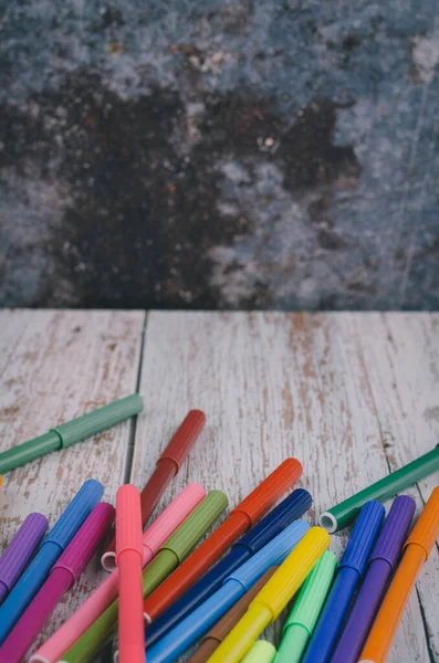 Back School Offices Stationary Concept Stack Colored Pens Markers Wooden — Stock Photo, Image