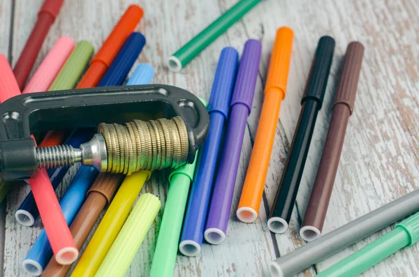 Struggle Saving Education Concept Stacking Coin Squeezing Clamp Colorful Marker — Stock Photo, Image