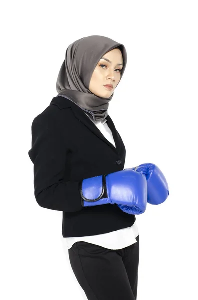 Business Challenge Concept Hapyy Face Young Businesswoman Suit Boxing Glove — Stock Photo, Image