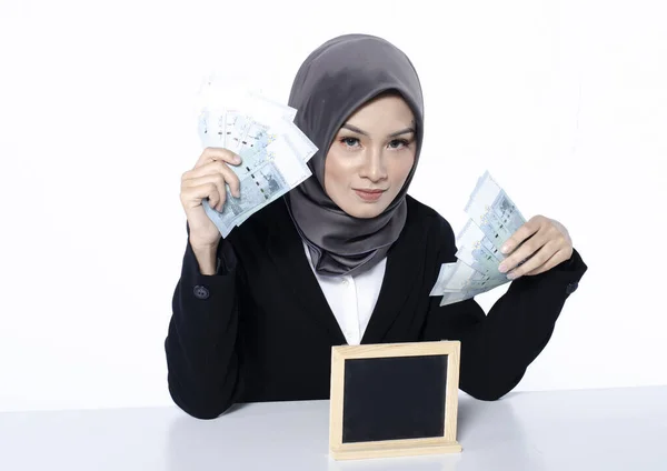 Portrait Satisfied Young Businesswoman Hijab Looks Desire Money — Stock Photo, Image