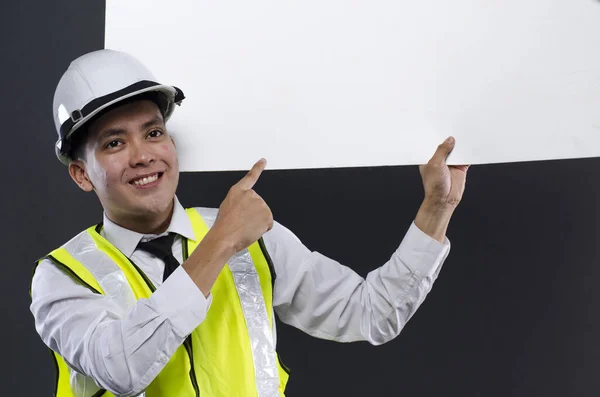 Feliz Cara Joven Ingeniero Gerente Con Casco Seguridad Blanco Celebración — Foto de Stock