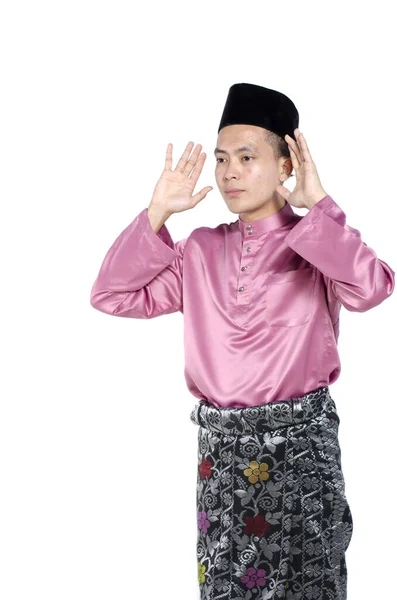 Portrait Jeune Beau Asiatique Homme Avec Prière Traditionnelle Sur Fond — Photo