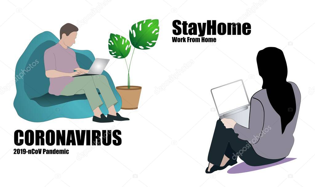 illustration concept of Young mn and womn freelancers working on laptops at home during coronavirus crisis