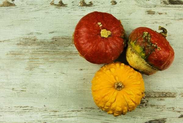 Three decorative pumpkins on a wooden table