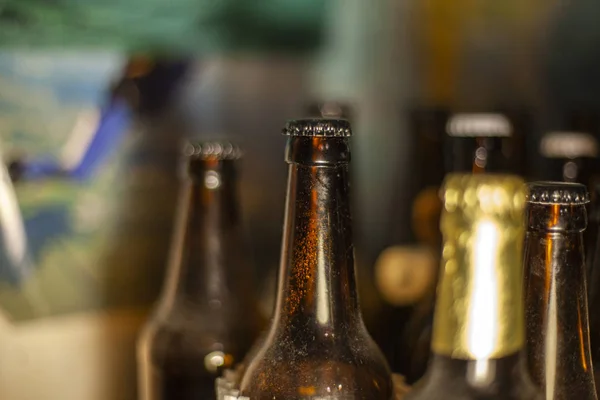 Bir şişe bira. Barda cam şişeler. — Stok fotoğraf