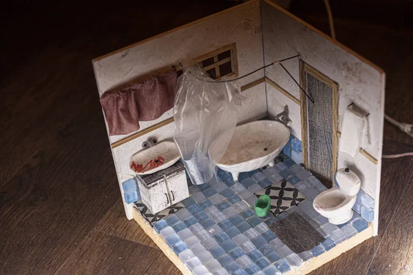 Miniature toilet room in the apartment. The layout of the bathroom. Toy layout of the apartment. An interesting idea for the game.
