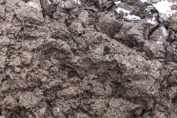 The texture of the black earth. Dirt on the street. Off-road from a mixture of clay and water. Traces of heavy equipment.