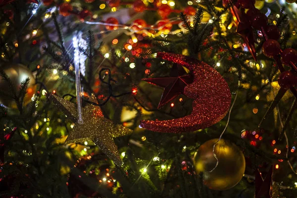 Fondo Navidad Decoración Del Árbol Navidad Hermosas Guirnaldas Brillantes Textura —  Fotos de Stock