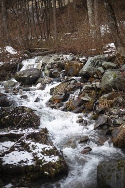 Bir dağ nehri taşların üzerinden akar. Nehir kışın dağlarda. Kayalık bir yamaç boyunca akan bir su. Buzuldan gelen temiz su kayalık bir taban boyunca akar..
