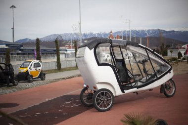 Parkta yürüyüş için bisiklet. Araba triportörde. Üç tekerlekli mekanik araç. Parktaki turistler için nakliye. Bisiklet park halinde. Beyaz kapalı vagon.