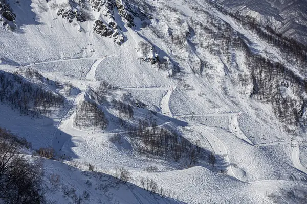 滑雪场的斜坡滑倒在雪板上 高山上的雪坡 山上雪板的痕迹 下降轨道的顶部视图 一个放松和骑马的地方 — 图库照片