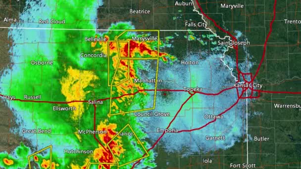 5 / 25 / 16 NE Radar Doppler de brote de tornado de Kansas (con cajas de advertencia ) — Vídeos de Stock