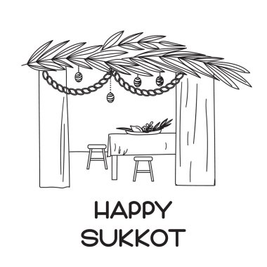 Sukkah with table, food and Sukkot symbols clipart