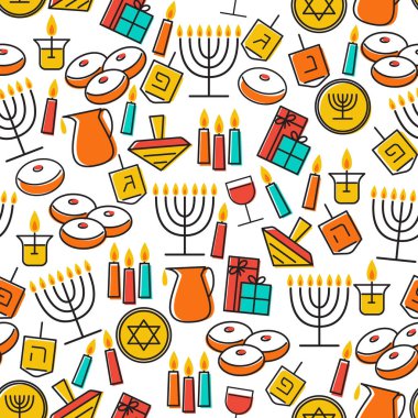Hanukkah seamless pattern. Hanukkah simbols. Hanukkah candles, menorah, sufganiot and dreidel. clipart
