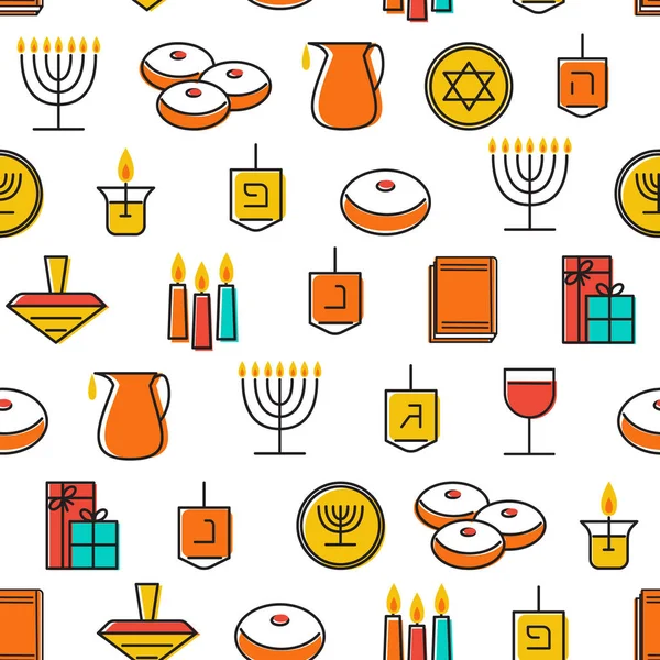 Padrão sem costura Hanukkah. Símbolos Hanukkah. Velas Hanukkah, menorah, sufganiot e dreide . — Vetor de Stock