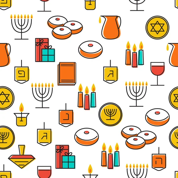 Patrón sin costuras Hanukkah. Símbolos de Janucá. Hanukkah velas, menorah, sufganiot y dreidel . — Vector de stock