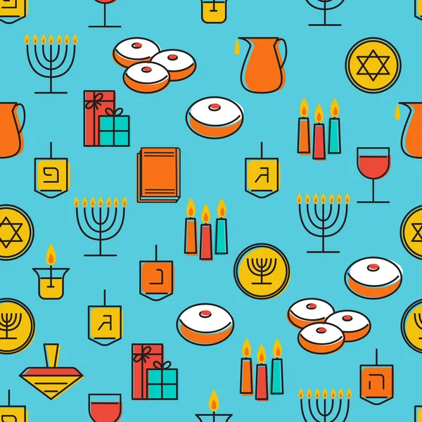 Padrão sem costura Hanukkah. Hanukkah simbols. Velas Hanukkah, menorah, sufganiot e dreidel . —  Vetores de Stock