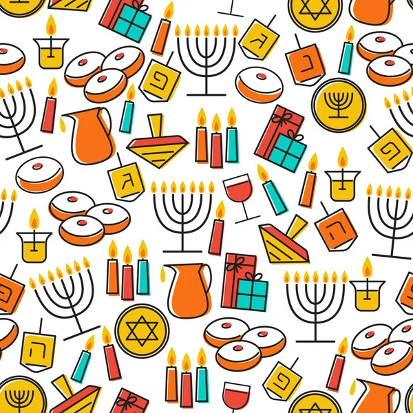 Padrão sem costura Hanukkah. Hanukkah simbols. Velas Hanukkah, menorah, sufganiot e dreidel . — Vetor de Stock