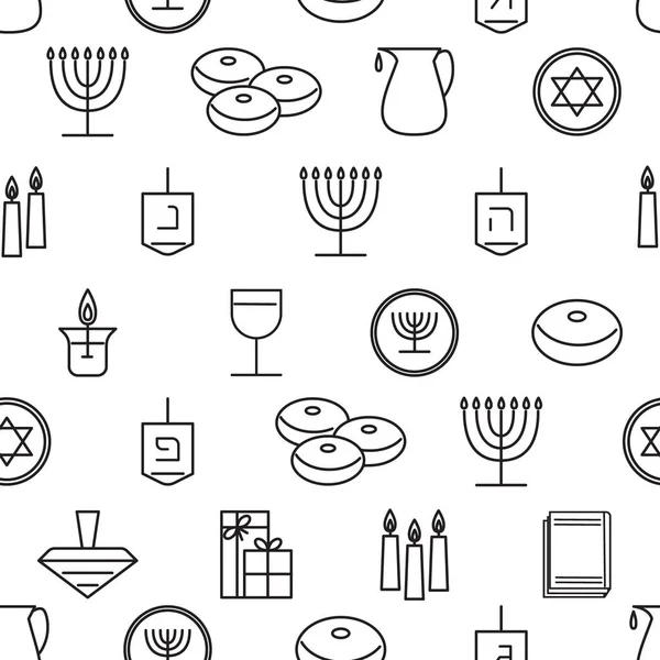 Padrão sem costura Hanukkah. Hanukkah simbols. Velas Hanukkah, menorah, sufganiot e dreidel . — Vetor de Stock